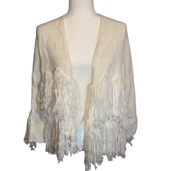Cream Fringe Open Cardigan M/L Lightweight Knit Western Sweater With Fringe - Picture 1 of 8
